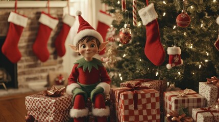 Cheerful Elf by Christmas Tree and Gifts with Red Stockings in a Warm Holiday Setting