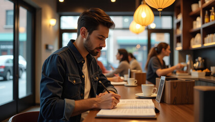Obraz premium Man Writing in a Stylish Cafe