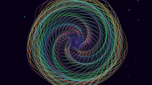 A mesmerizing spiral composed of colorful wireframe lines swirls inward, creating a hypnotic vortex pattern with rainbow gradient hues against a dark starry background.