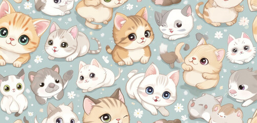  Cartoon Cats with Playful Expressions in a Repeated Floral Pattern