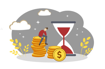 A woman, money and an hourglass. The concept of passive income and financial success