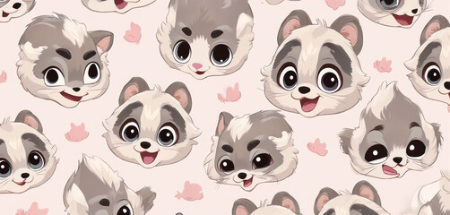 Fototapeta premium Cartoon Baby Raccoon Faces with Soft Pink Pastel Background Pattern