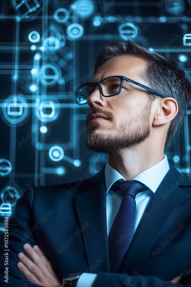 Poster a man in a suit contemplates data analytics displayed on a screen, embodying the fusion of technolog