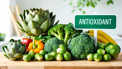Various green vegetables, cabbage, kohlrabi with antioxidant sign