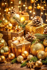 Stylish Christmas decoration concept with luxurious gold ornaments, gifts and festive accessories