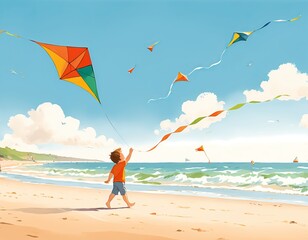 Obraz premium Joyful day at the beach: child flying colorful kites under clear blue sky