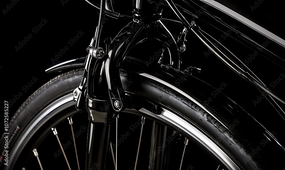 Poster close-up of a bicycle's front wheel and fork, showcasing design and functionality.
