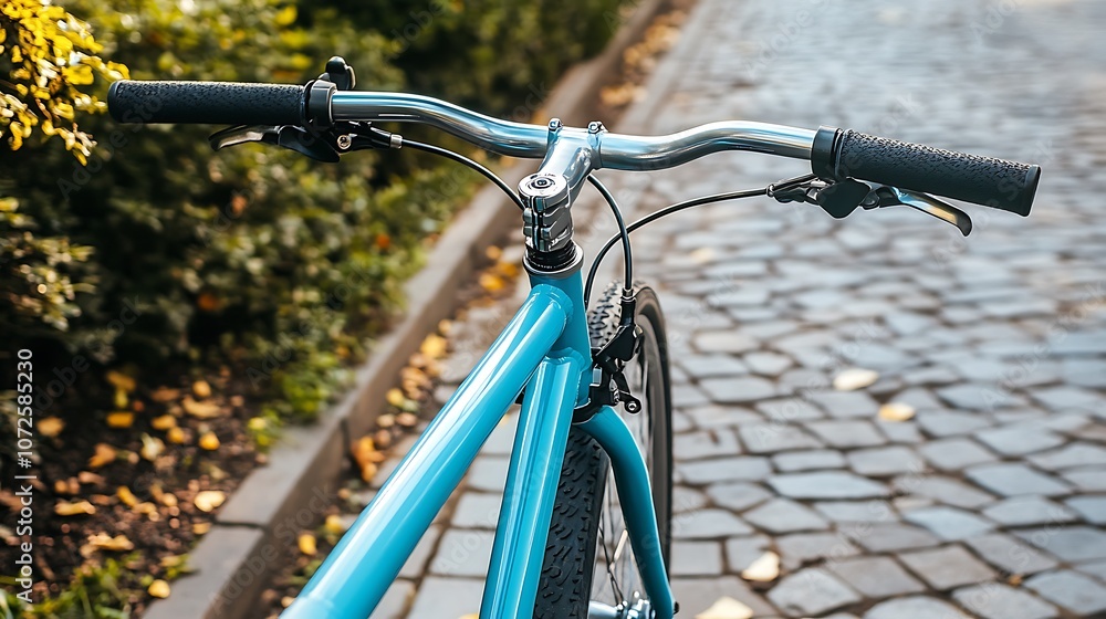 Poster close-up of bicycle handlebars on a cobblestone path surrounded by greenery.