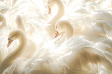 Obraz premium Flock of white swans are huddled together, with one of them looking directly at the camera. Concept of unity and togetherness among the birds, as they seem to be enjoying each other's company