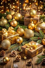 Stylish Christmas decoration concept with luxurious gold ornaments, gifts and festive accessories
