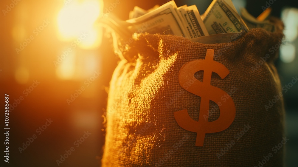 Poster a burlap sack overflowing with us dollar bills, with a large dollar sign symbol attached to the fron