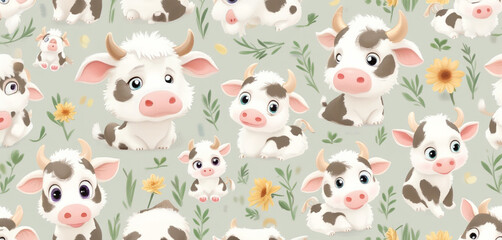  Cartoon Cow Pattern with Pastel Background and Floral Motifs