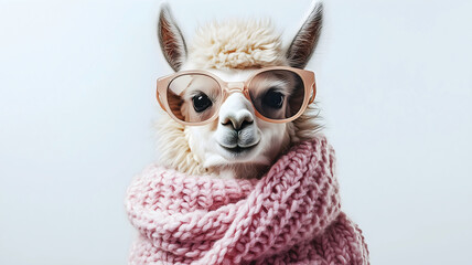 Naklejka premium Llama with glasses and woolly scarf against a plain background