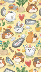 Fototapeta premium Cute Cartoon Farm Animals and Vegetables Pattern in Vibrant Colors