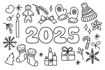 Obraz premium Happy New Year 2025 doodle elements, set of winter elements in black color isolated on white background.