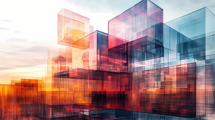Multiple exposure of modern abstract glass architectural forms. generative ai. Abstract. Illustration