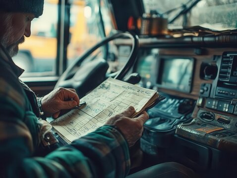 A closeup of a driver preparing a logbook for a long haul, Documentation, Detailed and focused