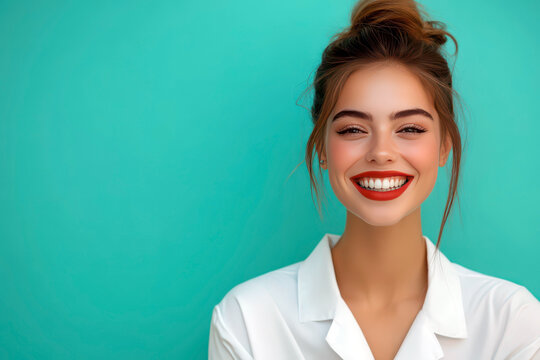 National doctor day. Smiling woman doctor on a blue background. International Nurses Day. Medical Worker Day. Horizontal banner. Copy space - Powered by Adobe