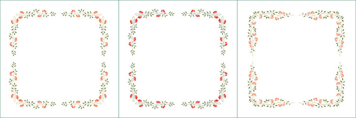 Set of three elegant green vegetal ornamental frame with berries, decorative border, corners for greeting cards, banners, business cards, invitations, menus. Isolated vector illustration	
