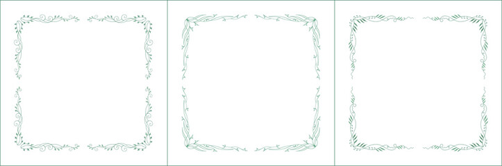 Set of three elegant green vegetal ornamental frame, decorative border, corners for greeting cards, banners, business cards, invitations, menus. Isolated vector illustration	
