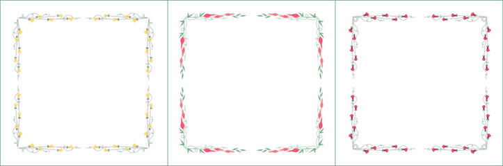 Set of three elegant green vegetal ornamental frame with pink and yellow flowers, decorative border. Isolated vector illustration	
