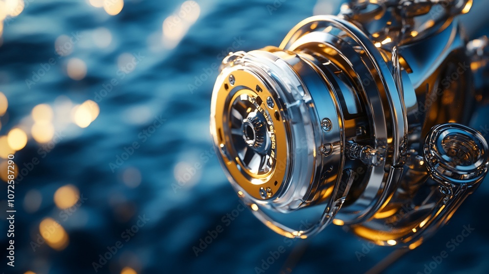 Poster a close-up of a shiny, metallic engine part with a blurred blue and gold background.