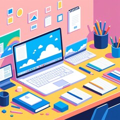 Colorful workspace with laptops and office supplies on a desk