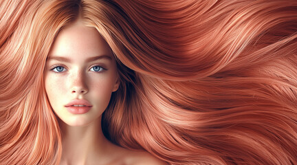 Naklejka premium Premium hair dye packaging image showing an older girl with straight, well-groomed rose gold hair. The girl looks forward