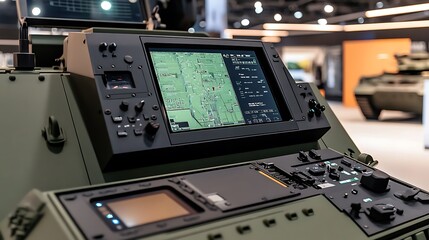 Fototapeta premium Control panel of a military vehicle with a digital map display for navigation and operations.