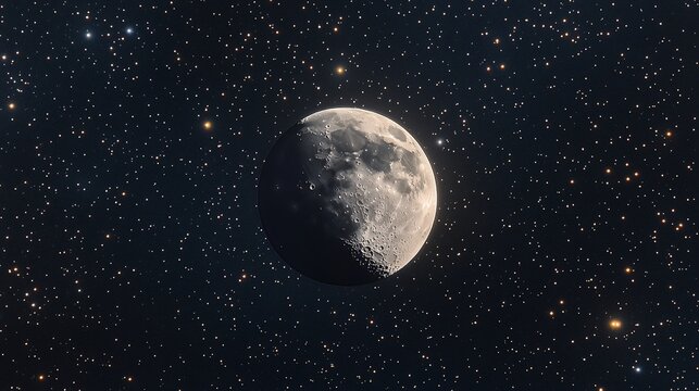 A close-up of a waxing gibbous moon in a night sky with a field of stars.