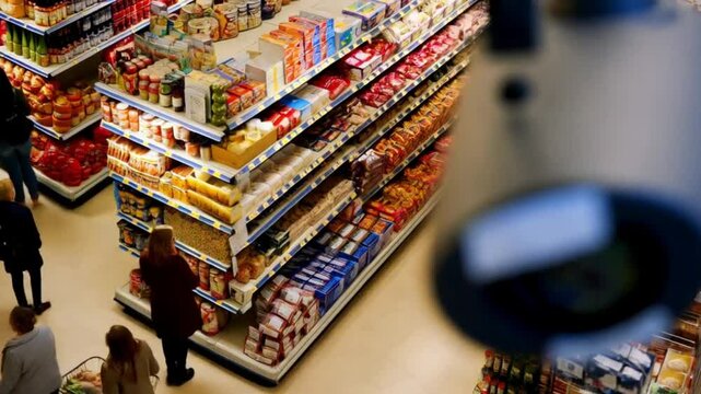 Close-up of a security camera positioned above a supermarket aisle, capturing the busy environment below. 