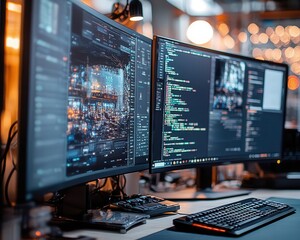 Fototapeta premium A closeup of multitasking tools like dualscreen setups at packing stations, Productivity, Efficient and hightech