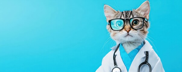 Cat Doctor with Stethoscope - A cute cat dressed as a doctor with a stethoscope on a blue background.