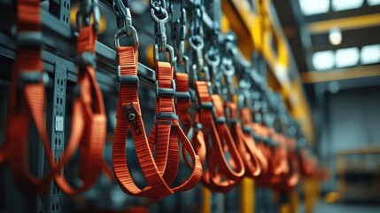A closeup of safety harnesses being used by warehouse workers, PPE, Detailed and safe
