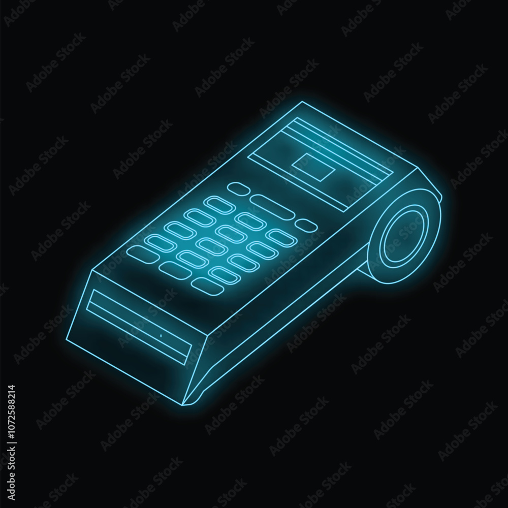 Poster blue glowing outline of a payment terminal on a dark background, representing digital payment and se