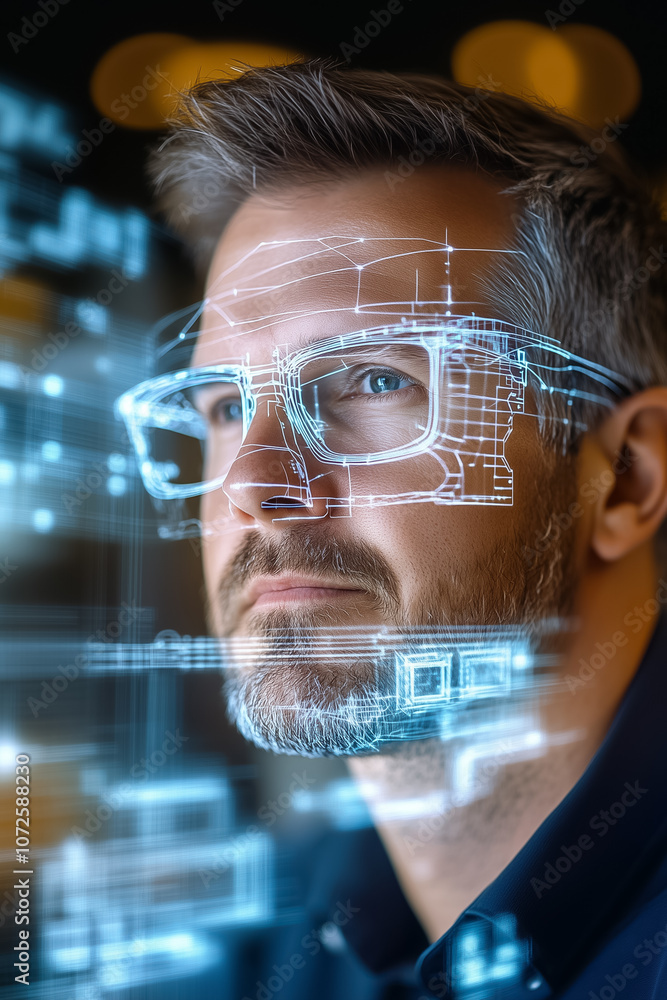Poster a man uses smart glasses to interpret digital data, immersed in a high-tech workspace filled with ad