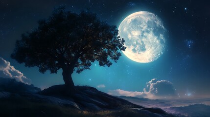 Curtains Realistic digital artwork with moonlight and forest tree silhouettes image