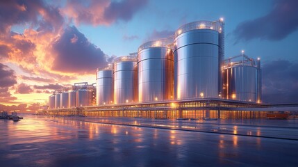 Obraz premium Modern Grain Silos at Sunset with Cinematic Lighting and Warm Sky Background
