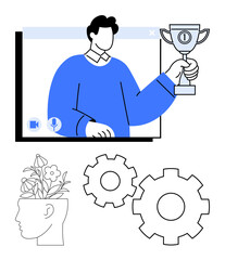 Person in virtual meeting holding trophy, gears representing teamwork, head with blooming flowers symbolizing creativity and growth. Ideal for online success, teamwork, virtual achievements