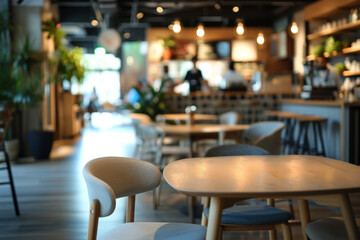 Modern co-working building relaxation lounge are or spacious bright cafe. Closeup to wooden table with chairs and blurred background with cafe area and barista serving organic drinks