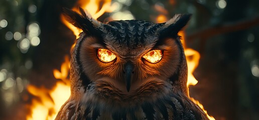 A close-up portrait of an owl with fiery eyes, set against a backdrop of flames.