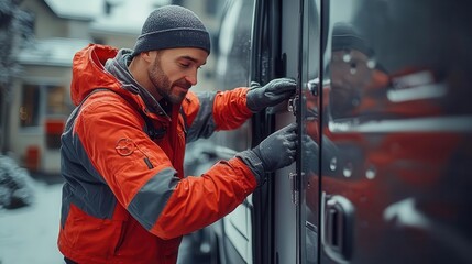 A closeup of workers fastening cargo doors on a delivery van, Safety, Practical and careful