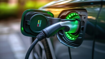 Electric car charging plug with glowing green lights