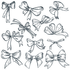 Bow ribbons collection isolated on white background. Hand drawn sketch vector illustration. Holiday gift design elements