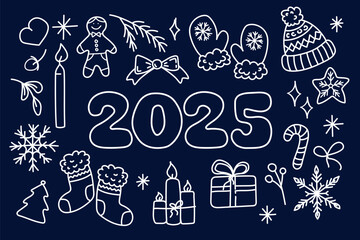 Happy new year 2025 set doodle elements white color on dark background hand drawn.