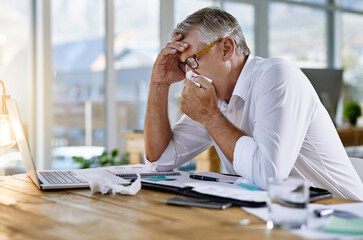 Business man, laptop and blowing nose in tissue with sick, disease and flu at work desk. Office,...