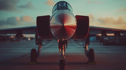 Fototapeta premium A close-up of a military jet on an airfield during sunset, showcasing its sleek design.
