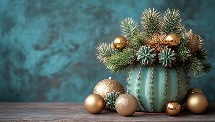 Plant with Pine Branches and Gold Balls, Creating a Festive Holiday Display.