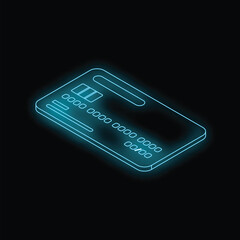 Neon blue credit card glowing on a dark background with copy space