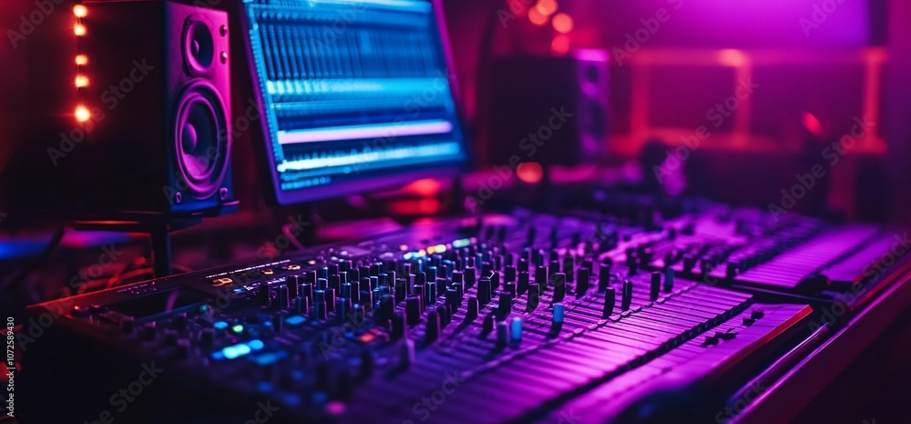 Poster a close-up view of a sound mixing console in a dimly lit recording studio.